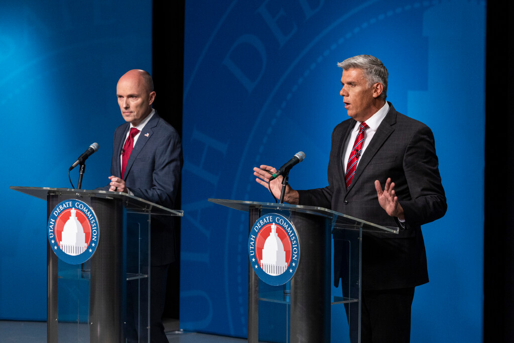 Utah Rep. Phil Lyman speaks as he debates with incumbent Gov. Spencer Cox during Utah’s gubernatorial GOP primary debate held at the Eccles Broadcast Center in Salt Lake City on Tuesday.