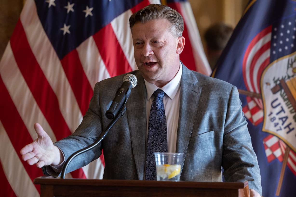 Sen. Todd Weiler, R-Woods Cross, speaks during a press conference for SB117, a bill advocating for domestic violence protections, at the Capitol in Salt Lake City on Jan. 30, 2023.