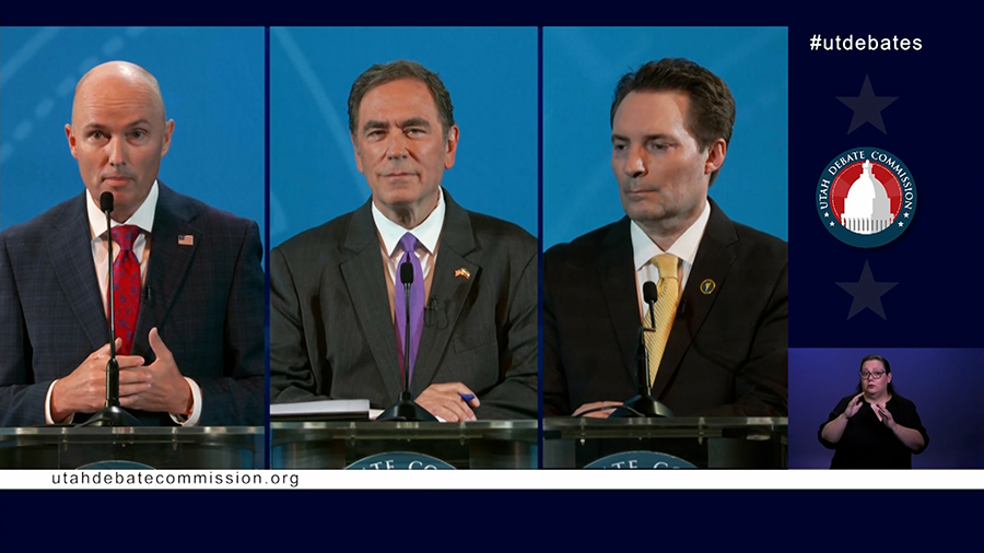 Gov. Spencer Cox, Rep. Brian King, a Democrat, and Robert Latham, a Libertarian, participated in a gubernatorial debate, Sept. 11.