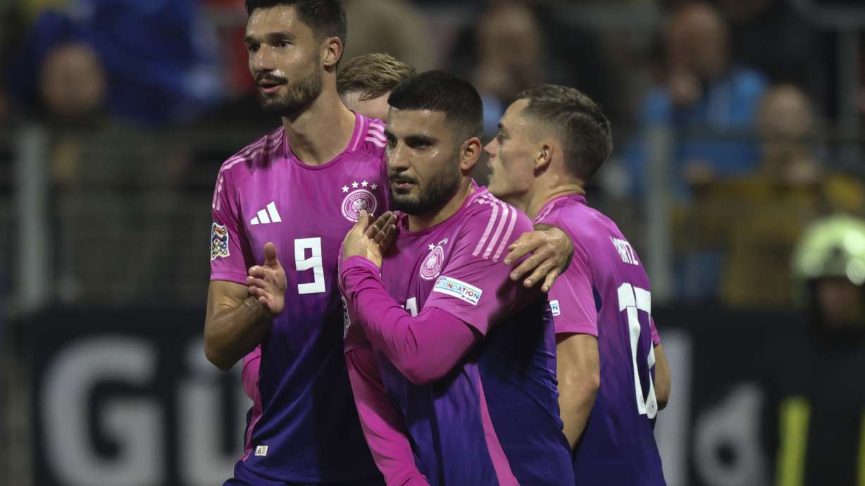 German players celebrate after a goal during the Nations League soccer match between Bosnia and Germany in Zenica, Bosnia and Herzegovina, on Friday, Oct. 11, 2024.