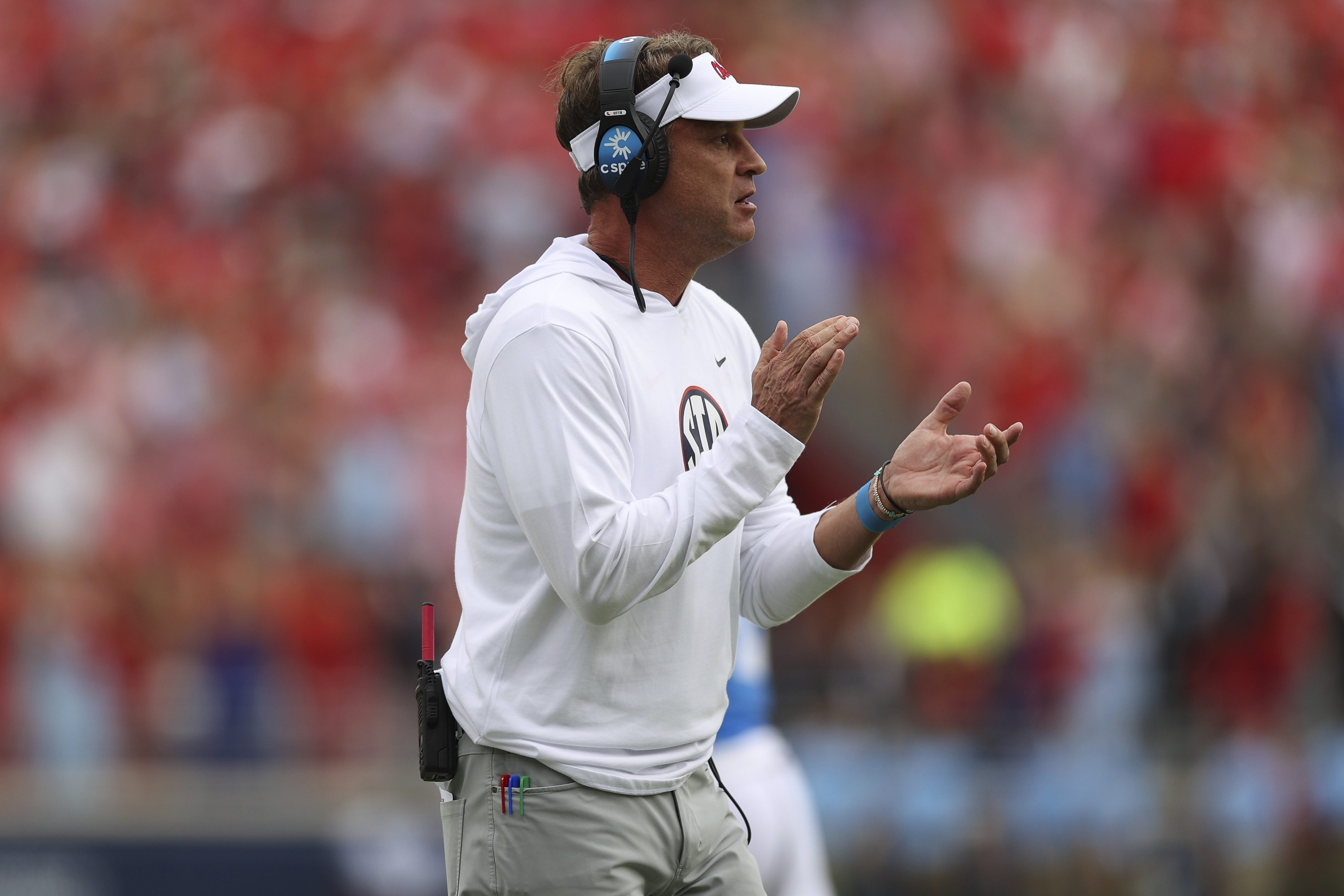 Mississippi head coach Lane Kiffin reacts after a touchdown during the first half of an NCAA college football game against Kentucky Saturday, Sept. 28, 2024, in Oxford, Miss.