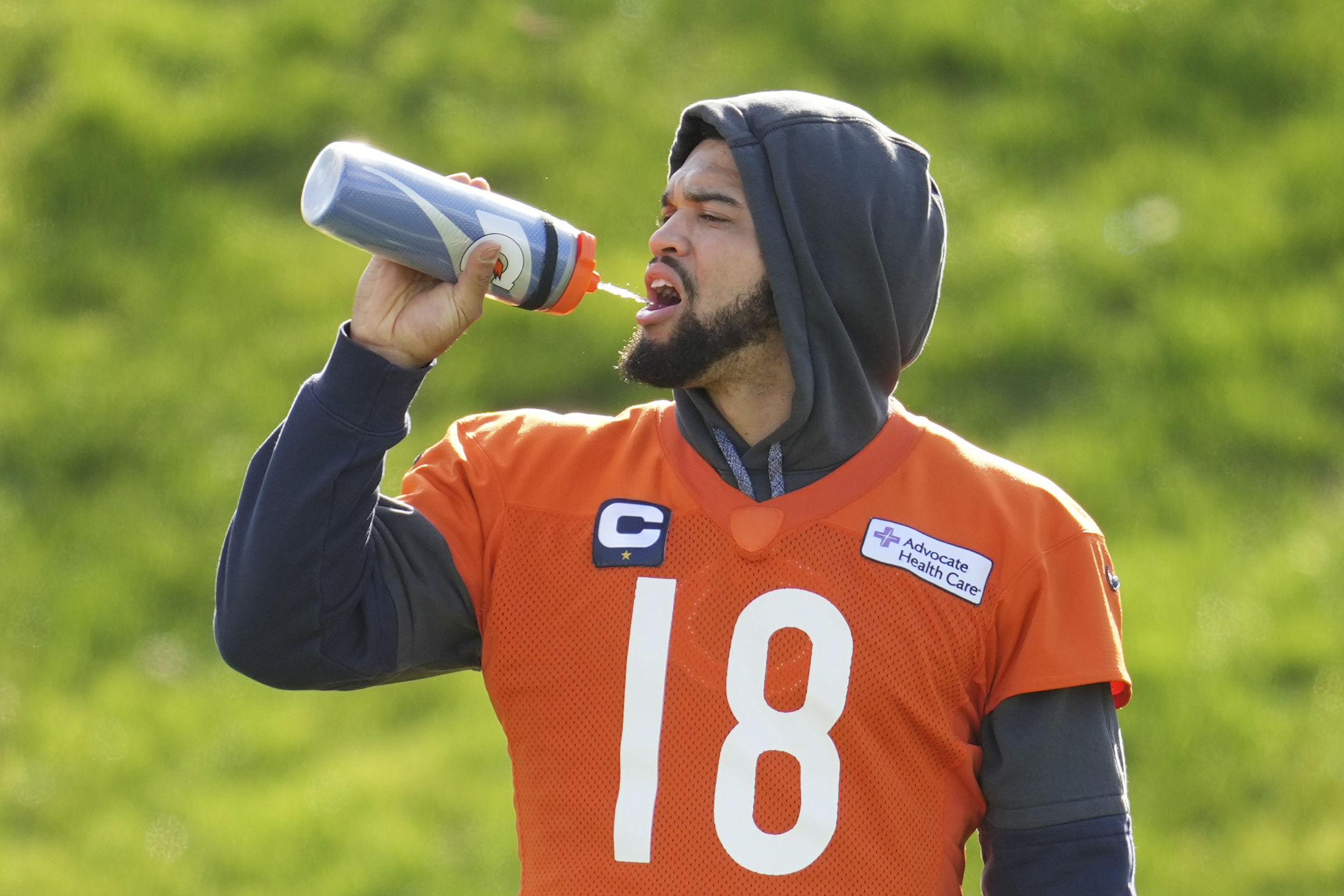 Chicago Bears quarterback Caleb Williams (18) participates in a NFL football training session in Ware, England, Friday, Oct. 11, 2024, ahead of the game against the Jacksonville Jaguars at the Tottenham Hotspur stadium on Sunday.