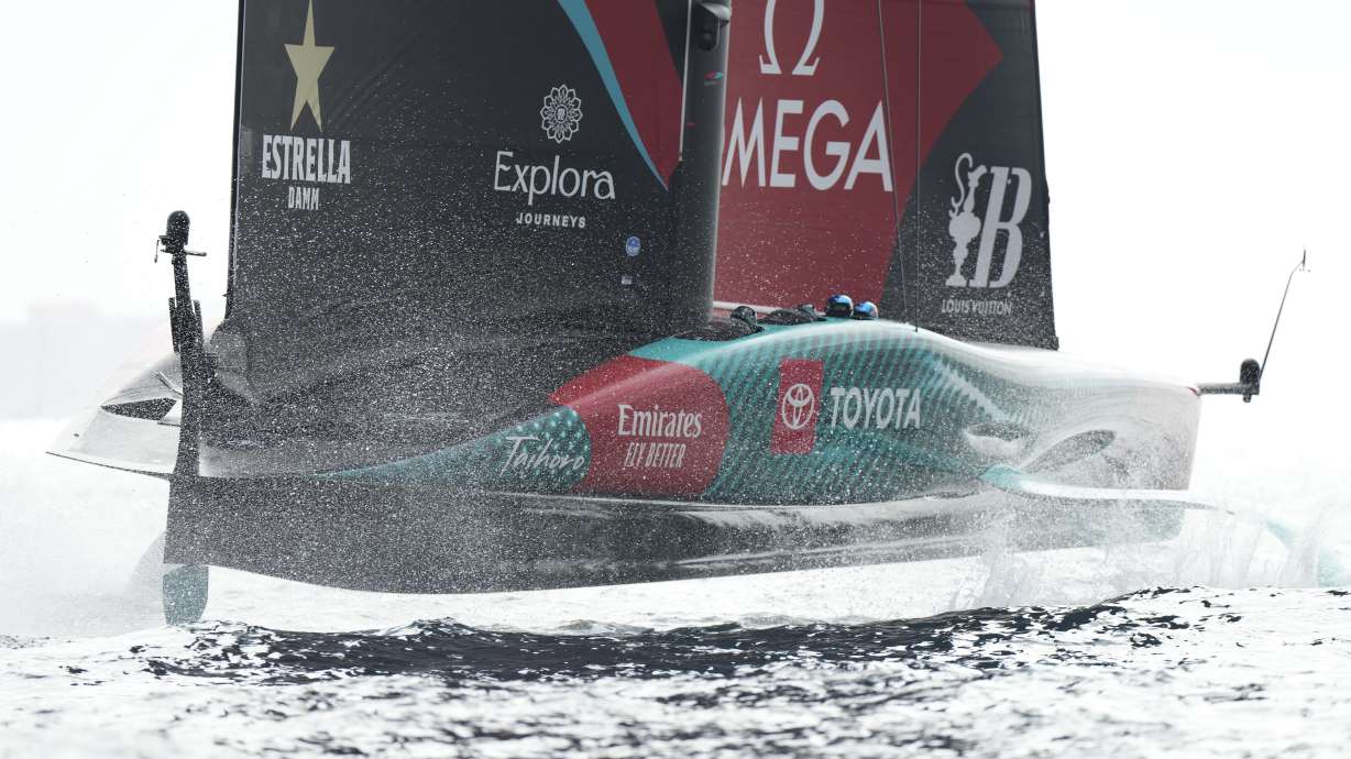 Emirates Team New Zealand crew sails before the Louis Vuitton 37th America's Cup race in Barcelona, Spain, Saturday, Oct. 12, 2024.