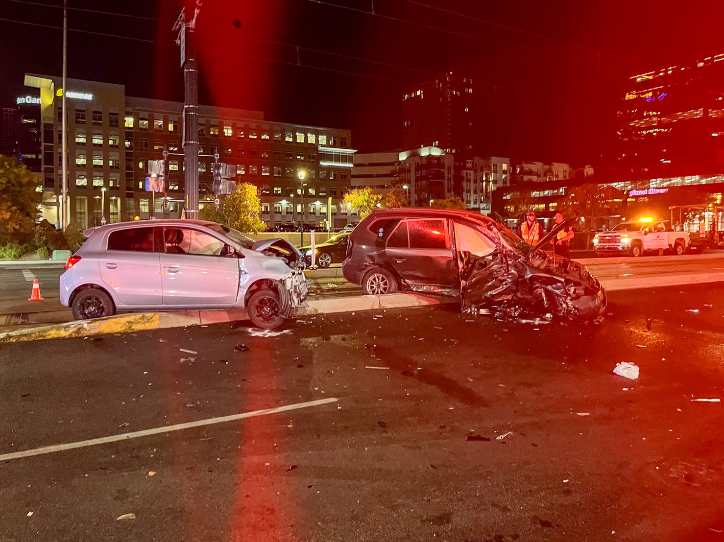 Two heavily damaged cars following a crash at 400 S. State in Salt Lake City.