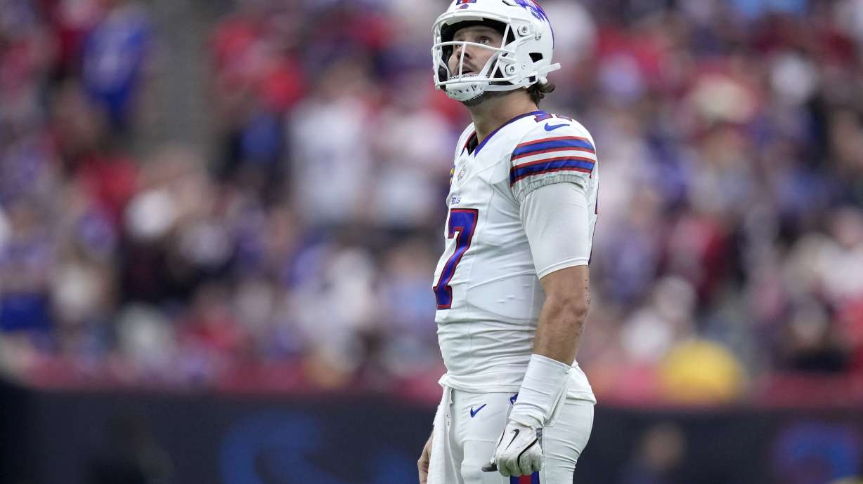 Buffalo Bills quarterback Josh Allen reacts during the second half of an NFL football game against the Houston Texans, Sunday, Oct. 6, 2024, in Houston.