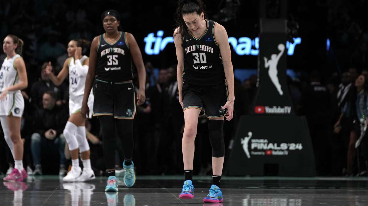 New York Liberty's Breanna Stewart (30) reacts after missing a free throw during the second half in Game 1 of a WNBA basketball final playoff series against the Minnesota Lynx, Thursday, Oct. 10, 2024, in New York.