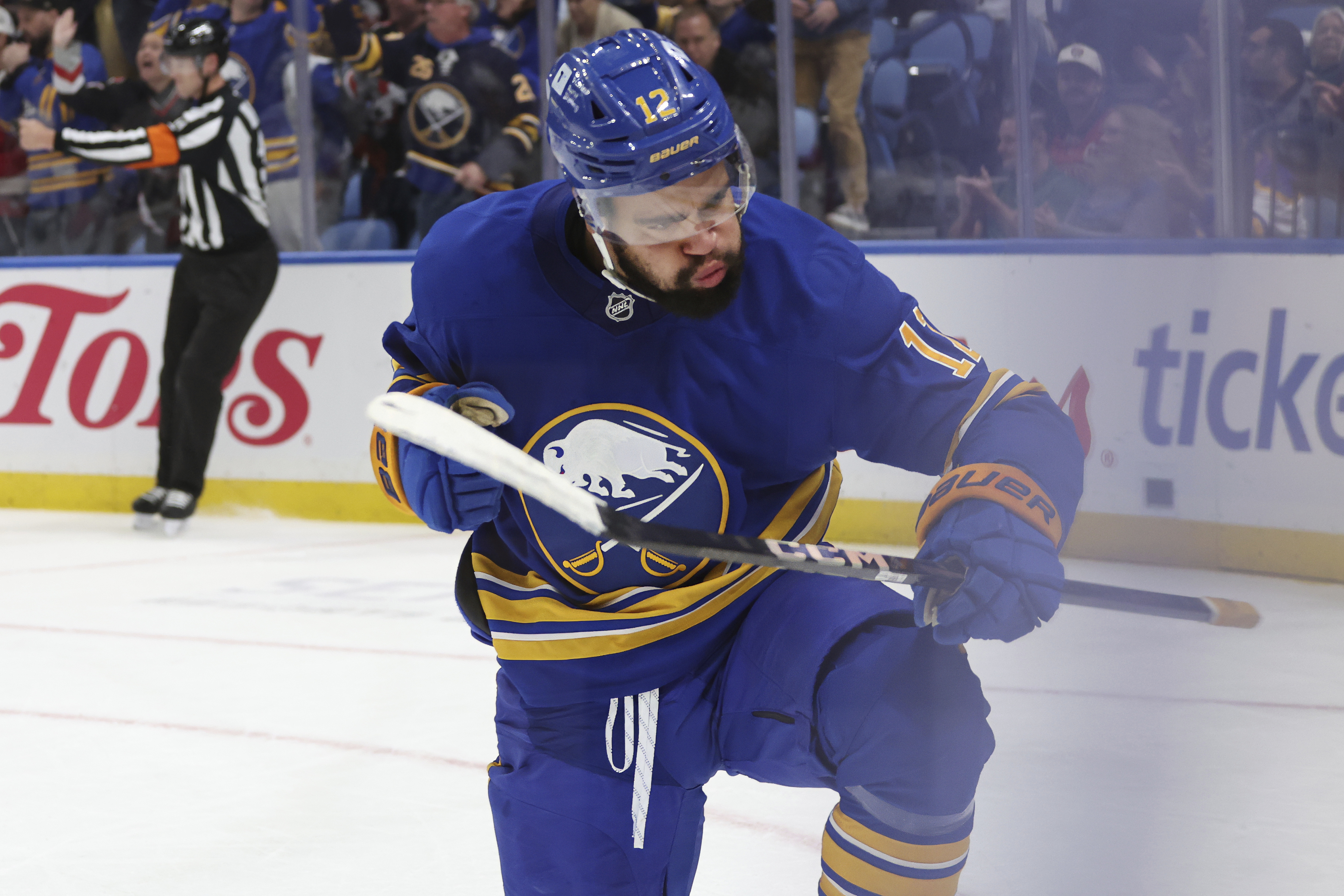 Buffalo Sabres left wing Jordan Greenway (12) celebrates his goal during the first period of an NHL hockey game against the Florida Panthers, Saturday, Oct. 12, 2024, in Buffalo, N.Y.