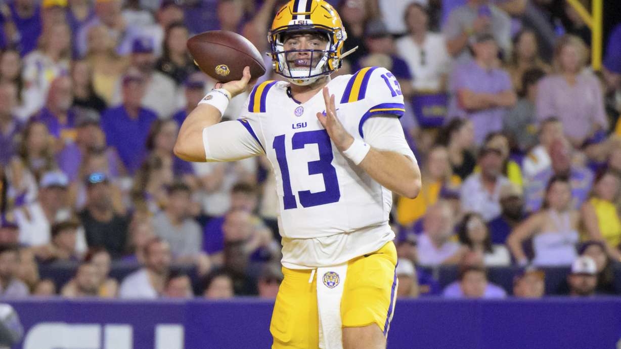 LSU quarterback Garrett Nussmeier (13) throws during the first half of an NCAA college football game against Mississippi in Baton Rouge, La., Saturday, Oct. 12, 2024.