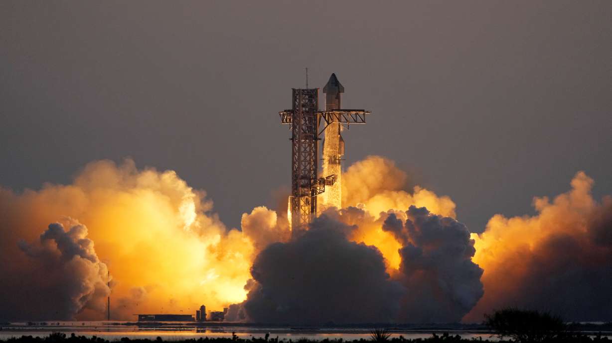 SpaceX's mega rocket Starship lifts off from Starbase for a test flight Sunday, in Boca Chica,, Texas.