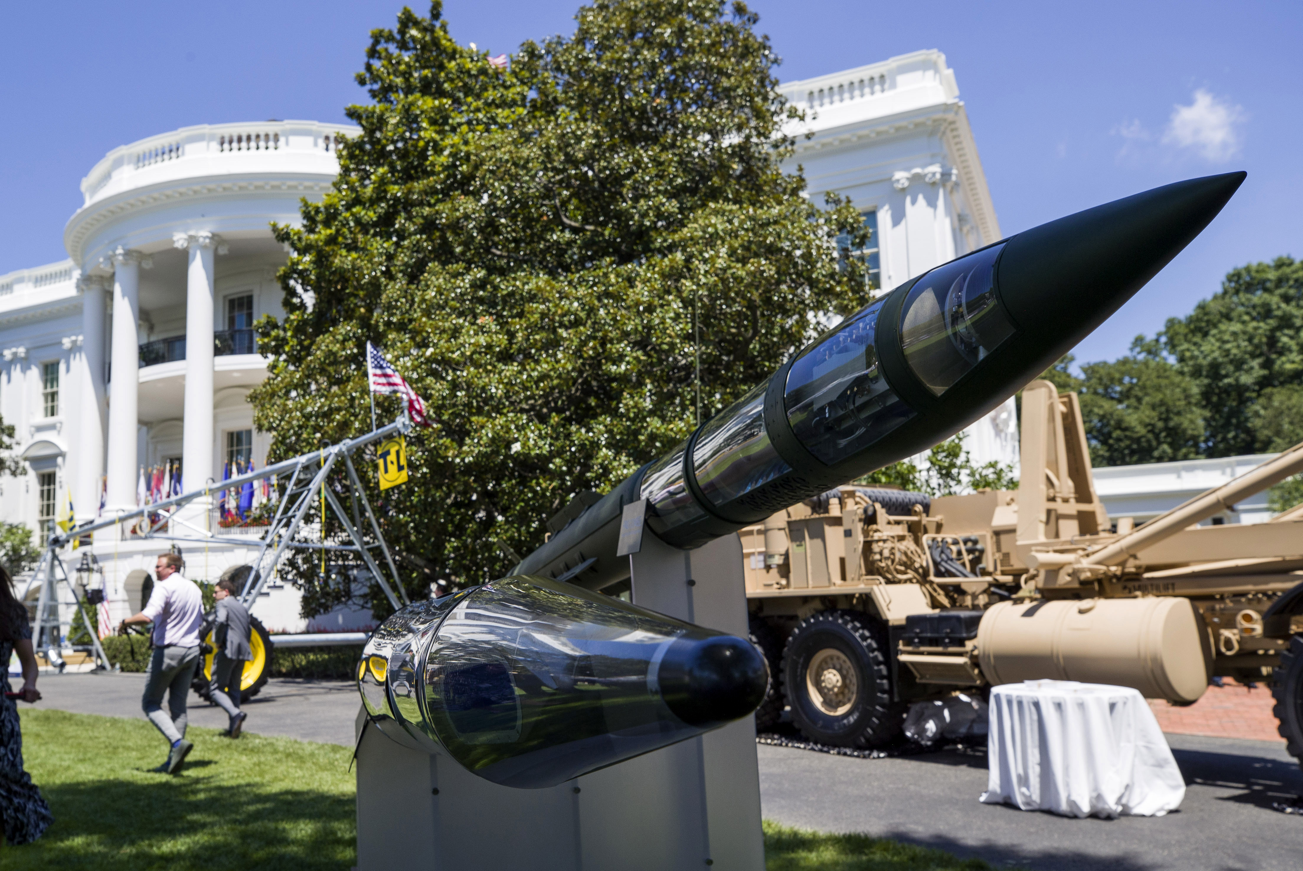 A Terminal High Altitude Area Defense (THAAD) anti-ballistic missile defense system is displayed during a Made in America showcase on the South Lawn of the White House, July 15, 2019, in Washington. 