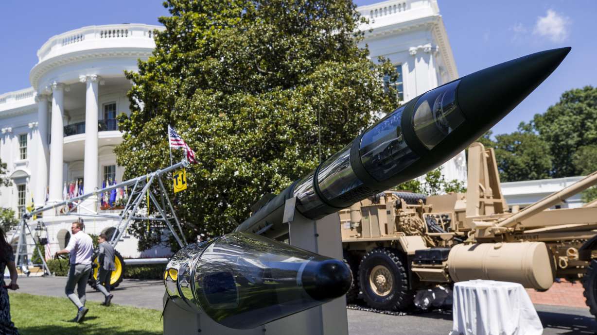 A Terminal High Altitude Area Defense (THAAD) anti-ballistic missile defense system is displayed during a Made in America showcase on the South Lawn of the White House, July 15, 2019, in Washington.
