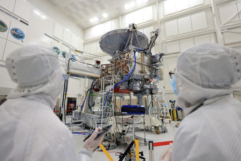 The Europa Clipper spacecraft, whose main science goal is to determine whether there are places below the surface of Jupiter's icy moon, Europa, that could support life, is seen being built and tested at Jet Propulsion Laboratory during a media tour, in Pasadena, California, April 11.