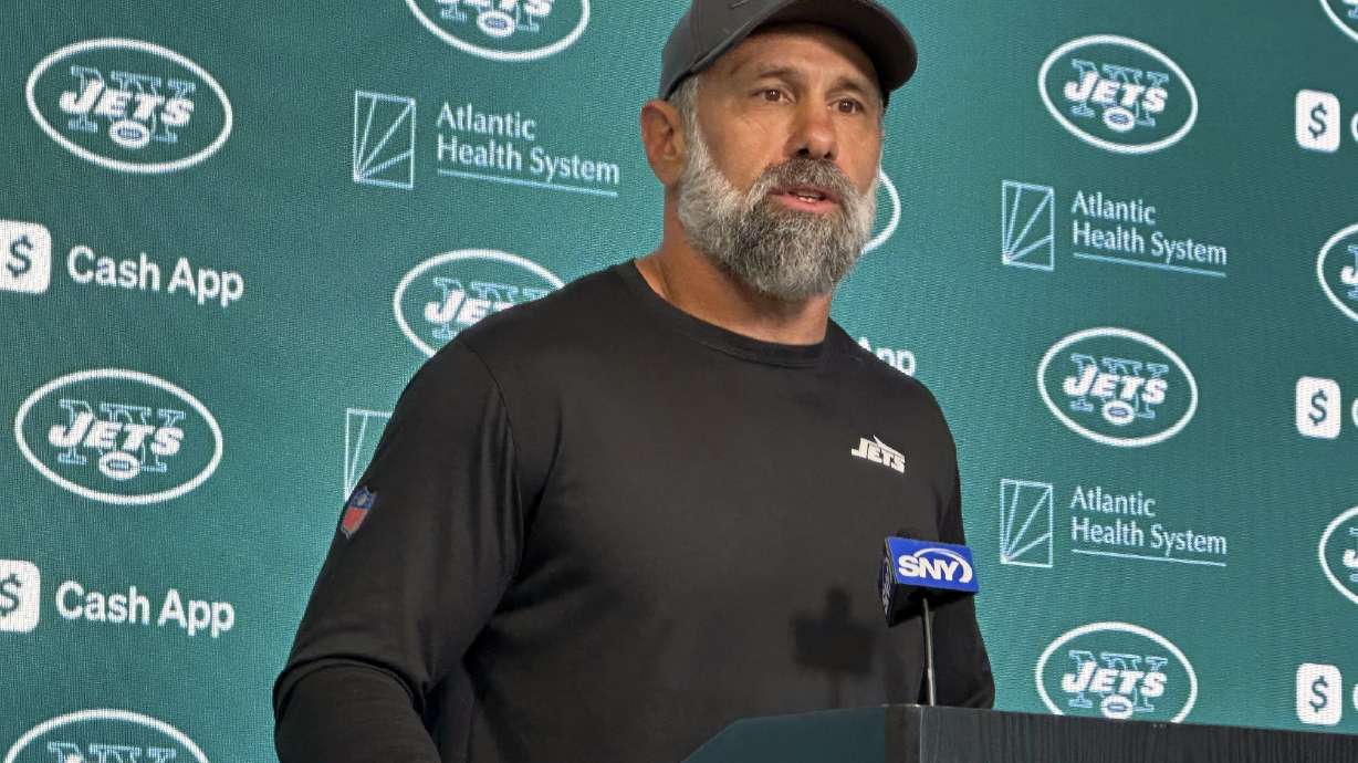 New York Jets interim head coach Jeff Ulbrich speaks to reporters at the NFL football team’s facility in Florham Park, N.J., Thursday, Oct. 10, 2024.