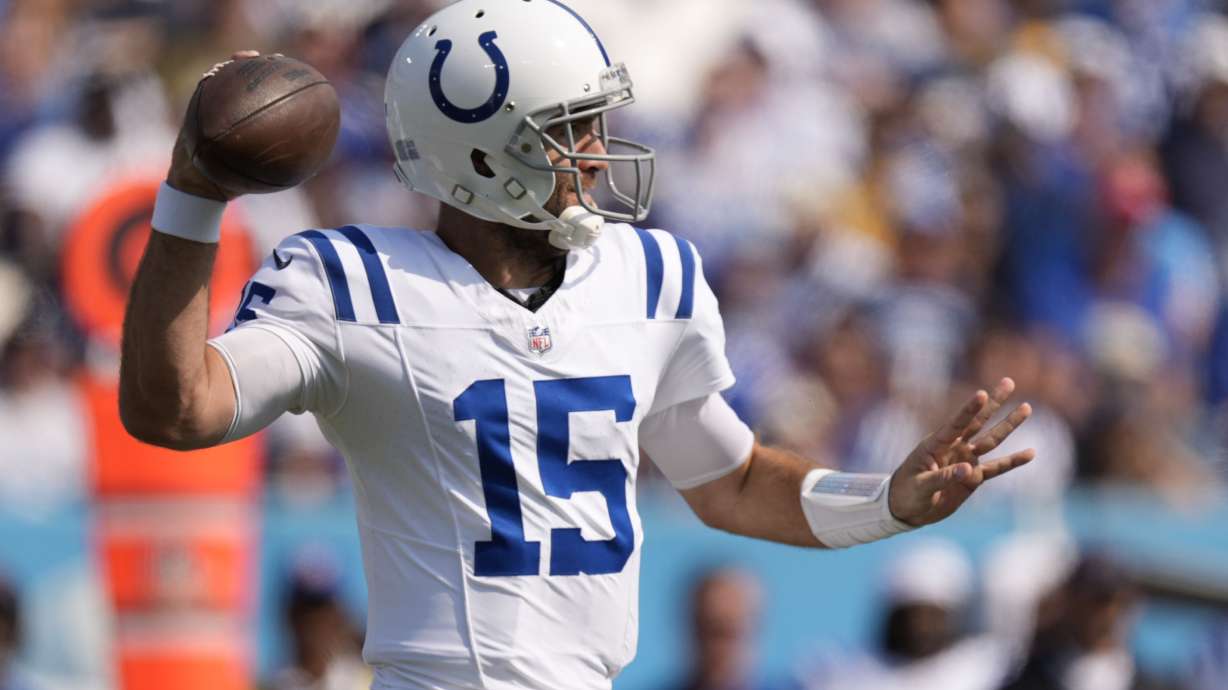 Indianapolis Colts quarterback Joe Flacco throws during the first half of an NFL football game against the Tennessee Titans, Sunday, Oct. 13, 2024, in Nashville, Tenn.