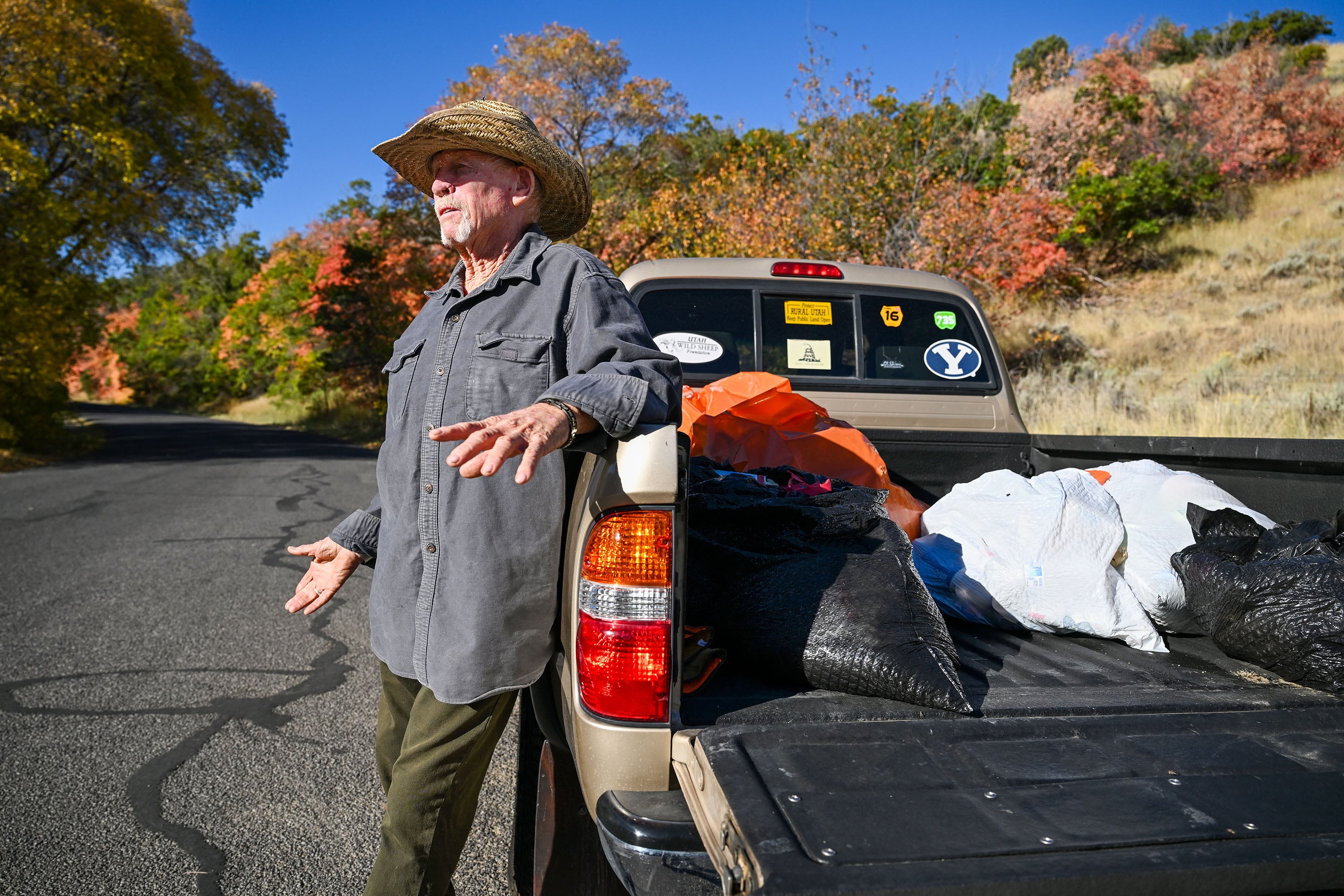 Bill Allinson talks about the canyon as he poses for photos in Butterfield Canyon near Herriman on Sept. 30. Three times a week Allinson cleans up whatever people leave in the camp areas and along the road.