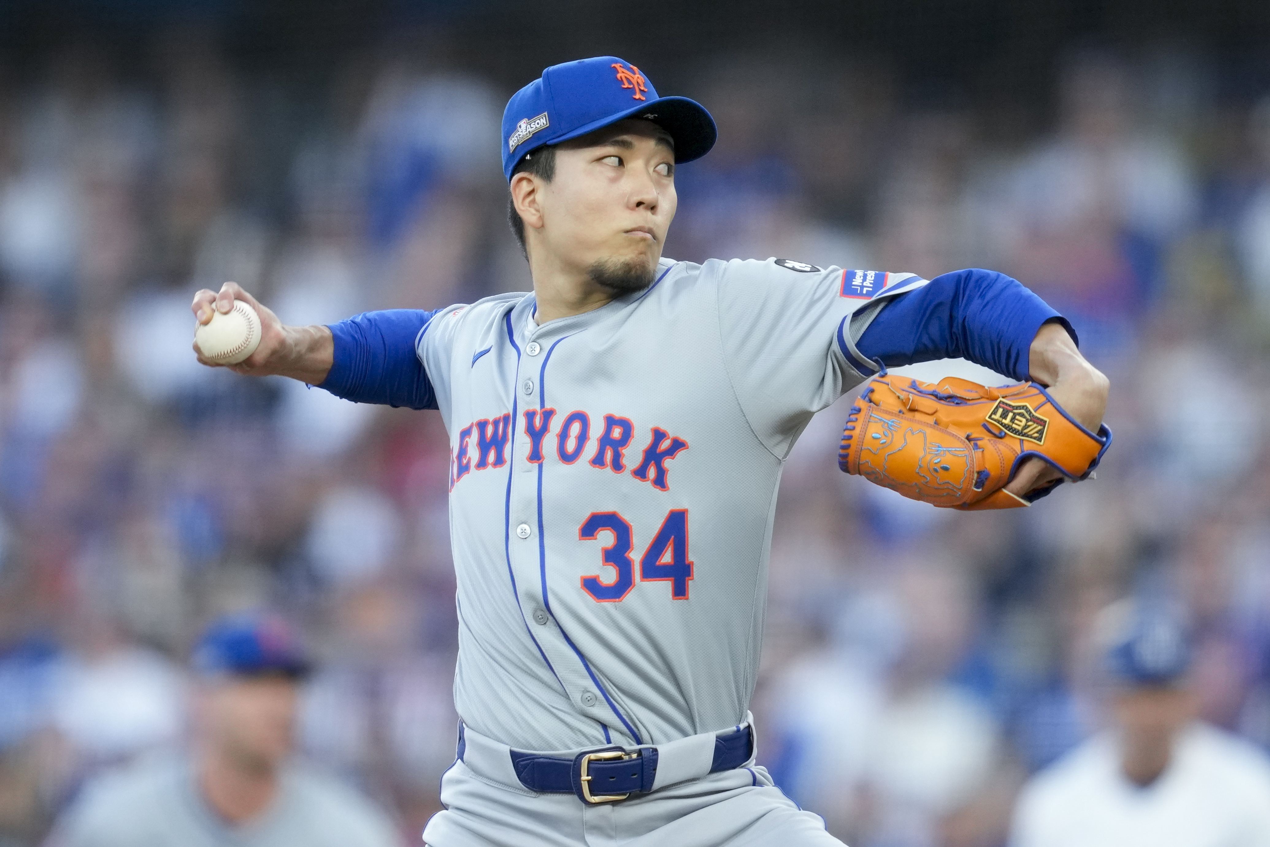 New York Mets pitcher Kodai Senga throws against the Los Angeles Dodgers during the first inning in Game 1 of a baseball NL Championship Series, Sunday, Oct. 13, 2024, in Los Angeles.