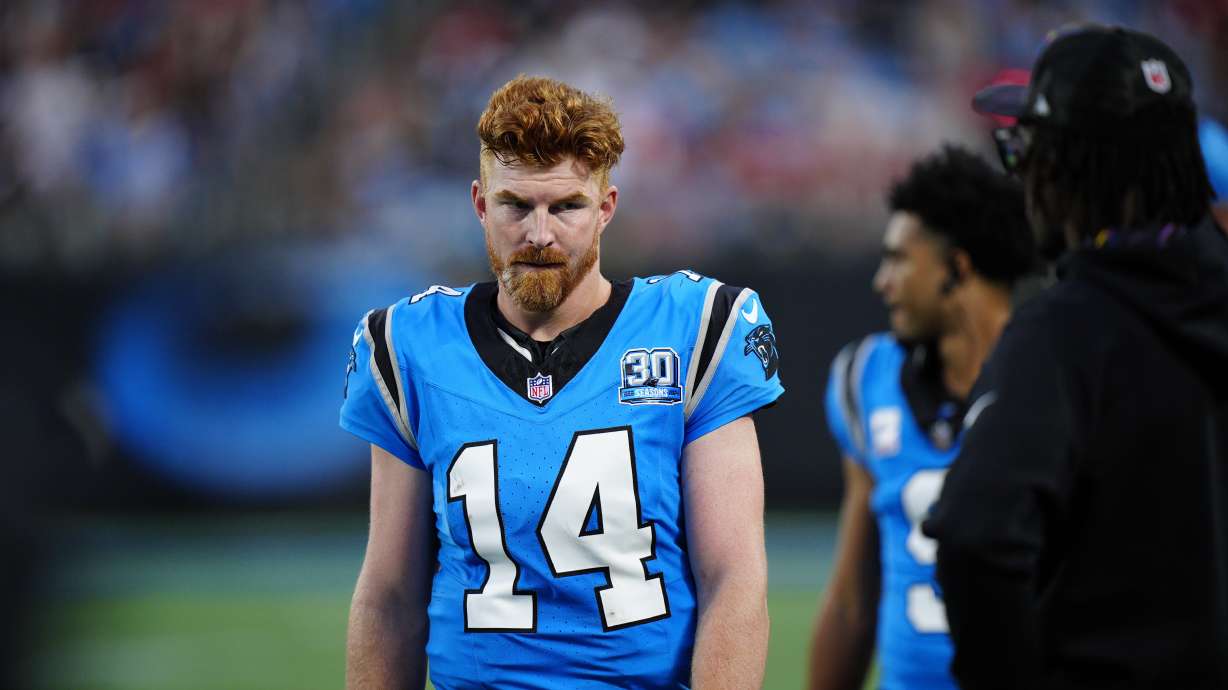 Carolina Panthers quarterback Andy Dalton (14) walks the sideline in the second half of an NFL football game against the in Charlotte, N.C., Sunday, Oct. 13, 2024.