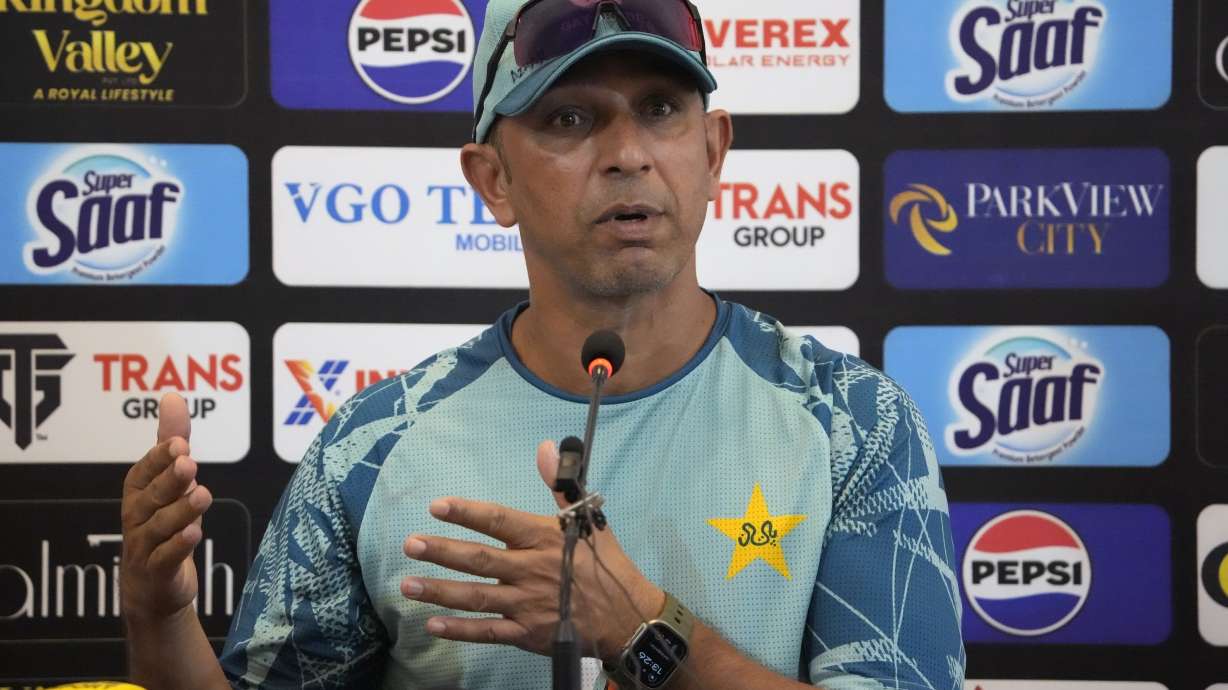 Pakistan assistant coach Azhar Mahmood speaks during press conference, in Multan, Pakistan, Monday, Oct. 14, 2024.