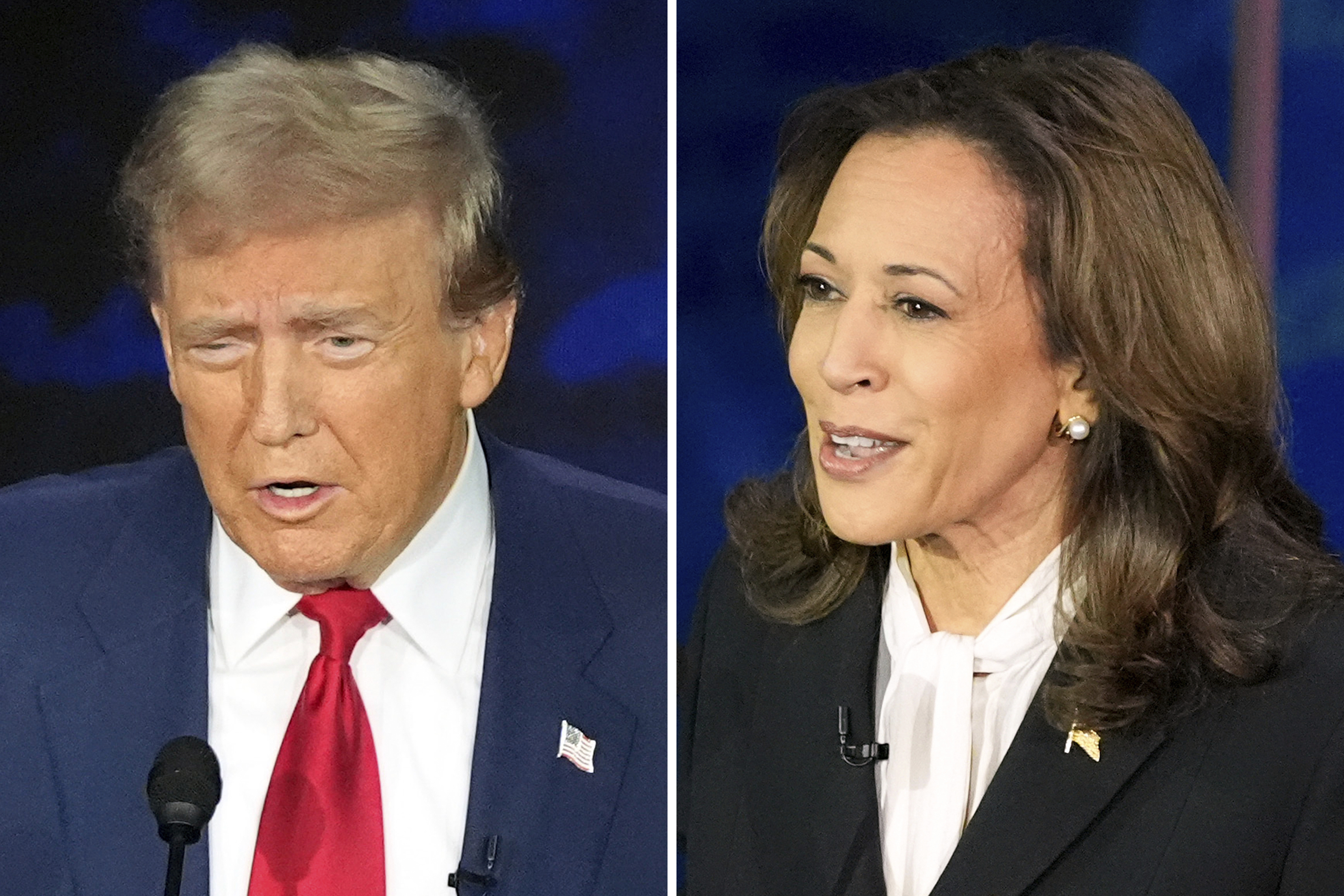 This combination of photos shows Republican presidential nominee former President Donald Trump, left, and Democratic presidential nominee Vice President Kamala Harris during an ABC News presidential debate at the National Constitution Center, Sept. 10 in Philadelphia. Harris held a marginal 46% to 43% lead over Trump, a poll finds.