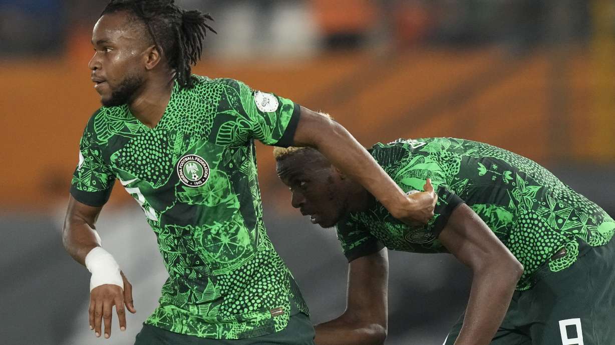 FILE - Nigeria's Ademola Lookman, left, celebrates with Nigeria's Victor Osimhen after scoring his sides first goal during the African Cup of Nations Round of 16 soccer match between Nigeria and Cameroon, at the Felix Houphouet Boigny stadium in Abidjan, Ivory Coast, Saturday, Jan. 27, 2024.