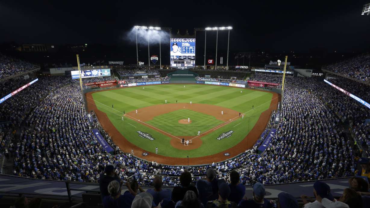 The New York Yankees and Kansas City Royals play in Game 4 of an American League Division baseball playoff series as seen in this general view of Kauffman Stadium Thursday, Oct. 10, 2024, in Kansas City, Mo.