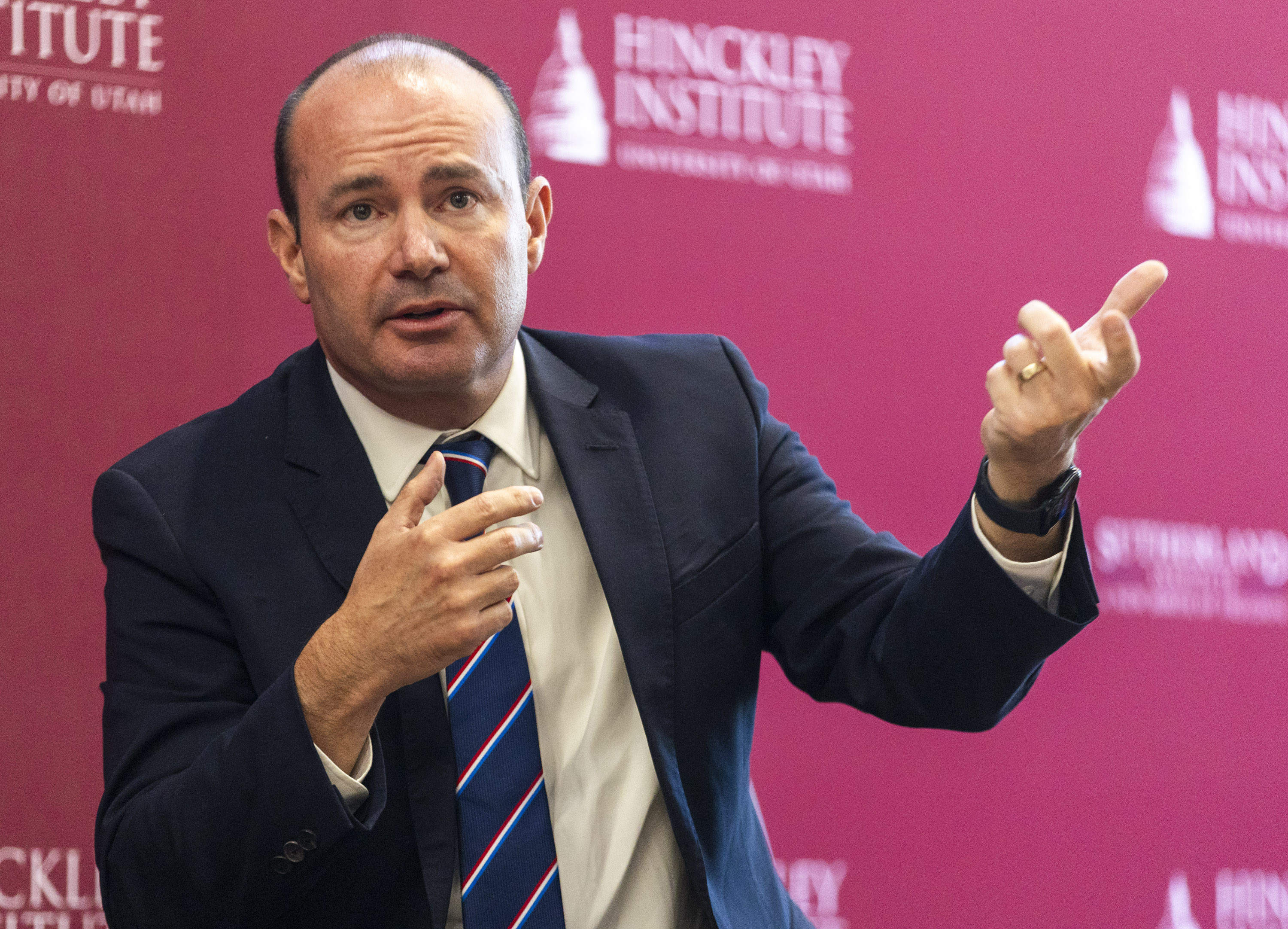 Utah Sen. Mike Lee speaks at the Sutherland Institute’s Congressional Series at the Hinckley Institute of Politics on the campus of the University of Utah in Salt Lake City on Monday.