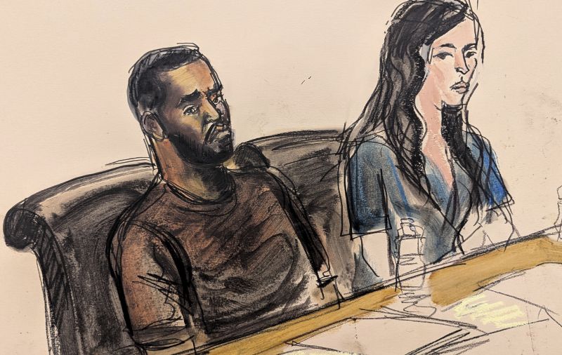 Depicted in this courtroom sketch, Sean "Diddy" Combs, left, sits at the defense table with one of his attorneys, Teny Garagos, during his bail hearing, Sept. 18, in New York.