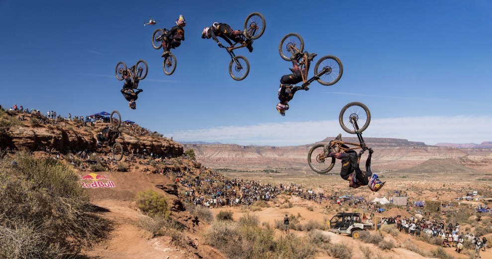 A time-lapse multiple-exposure photo shows Szymon Godziek executing a backflip during Red Bull Rampage, Virgin, Saturday. The 18th iteration of the annual mountain biking free ride event attracted sold-out crowds to the red rock cliffs near Virgin on Saturday.