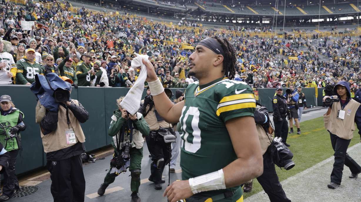 Green Bay Packers quarterback Jordan Love walks off the field after an NFL football game against the Arizona Cardinals, Sunday, Oct. 13, 2024, in Green Bay.