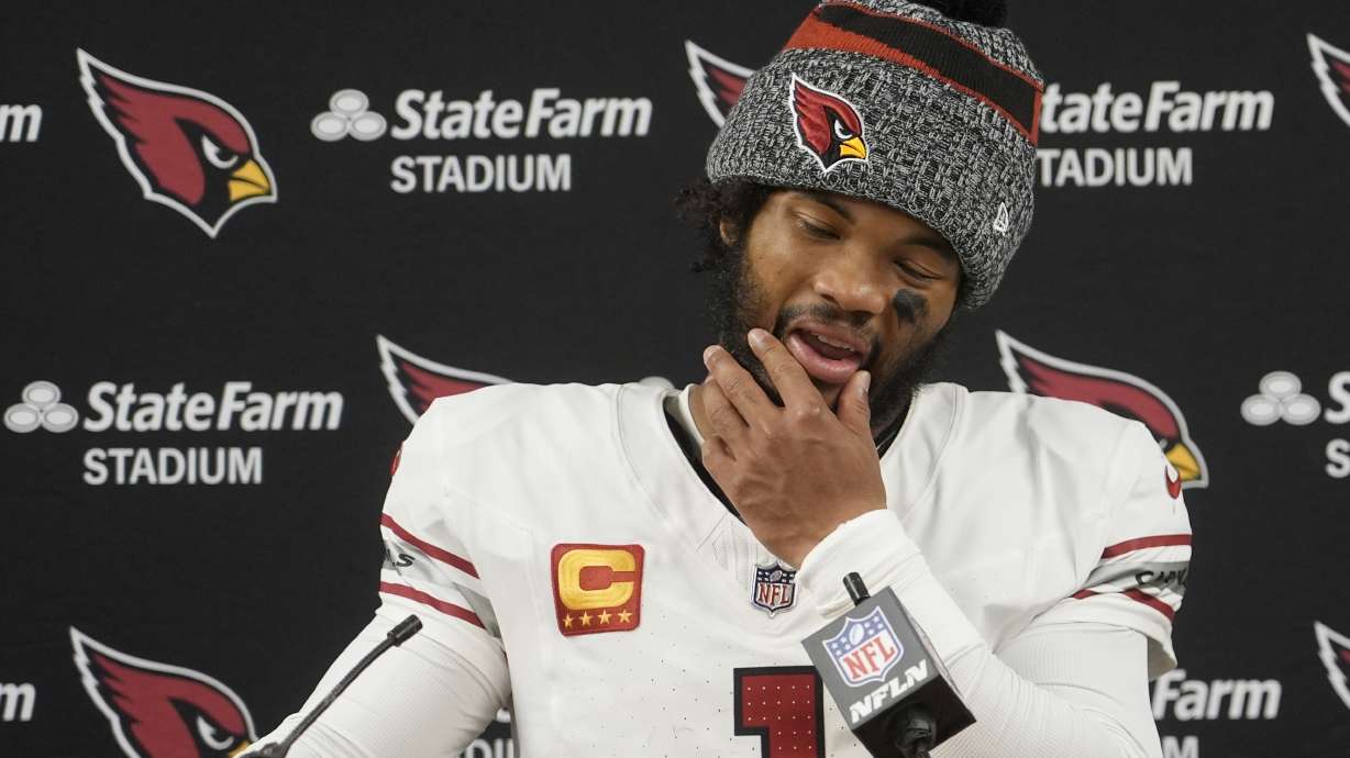 Arizona Cardinals' Kyler Murray answers questions after an NFL football game against the Green Bay Packers Sunday, Oct. 13, 2024, in Green Bay, Wis.
