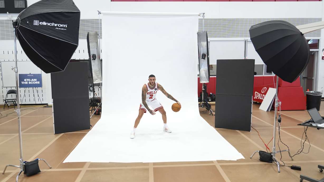 Chicago Bulls guard Lonzo Ball poses during the team's media day, Monday, Sept. 30, 2024, in Chicago.