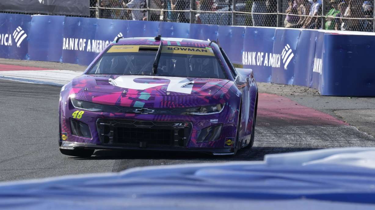 Alex Bowman drives out of Turn 3 during a NASCAR Cup Series auto race at Charlotte Motor Speedway in Concord, N.C., Sunday, Oct. 13, 2024.
