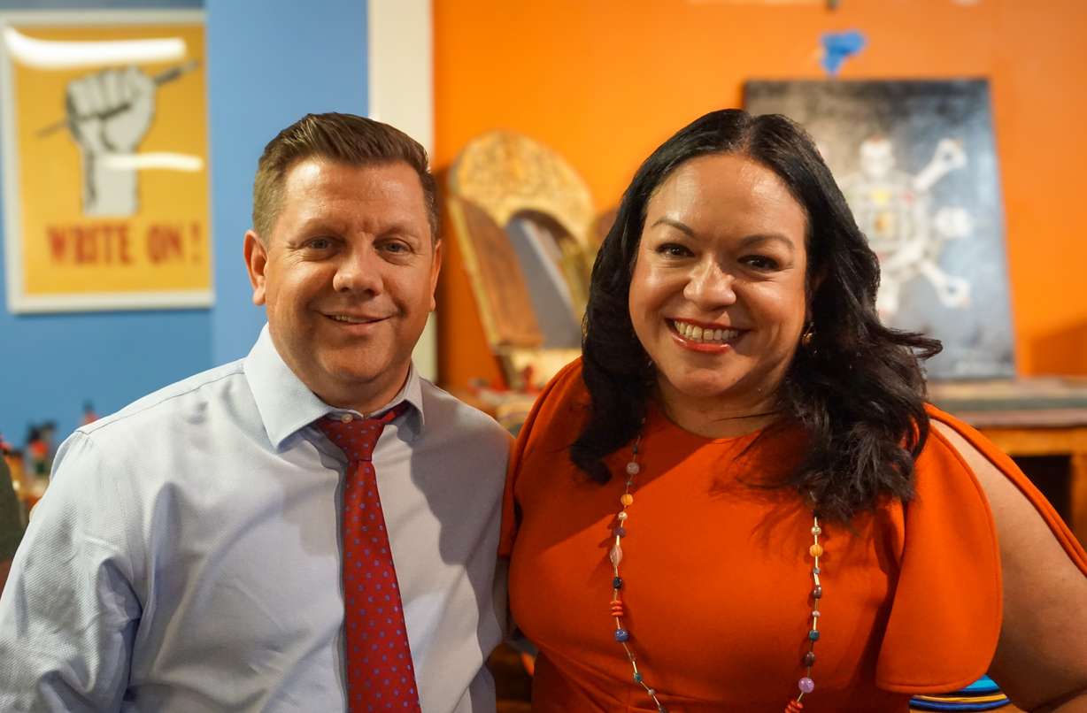 Steve Starks, chief executive officer of the Larry H. Miller Company, with Utah Sen. Luz Escamilla at the Oct. 9 announcement of a new grant program serving the west side.