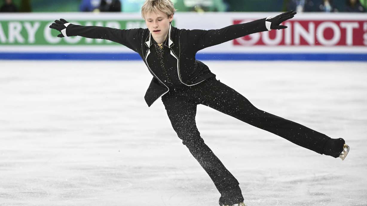 FILE - Ilia Malinin, of the United States, performs his free skate routine at the world figure skating championships, March 23, 3024, in Montreal.