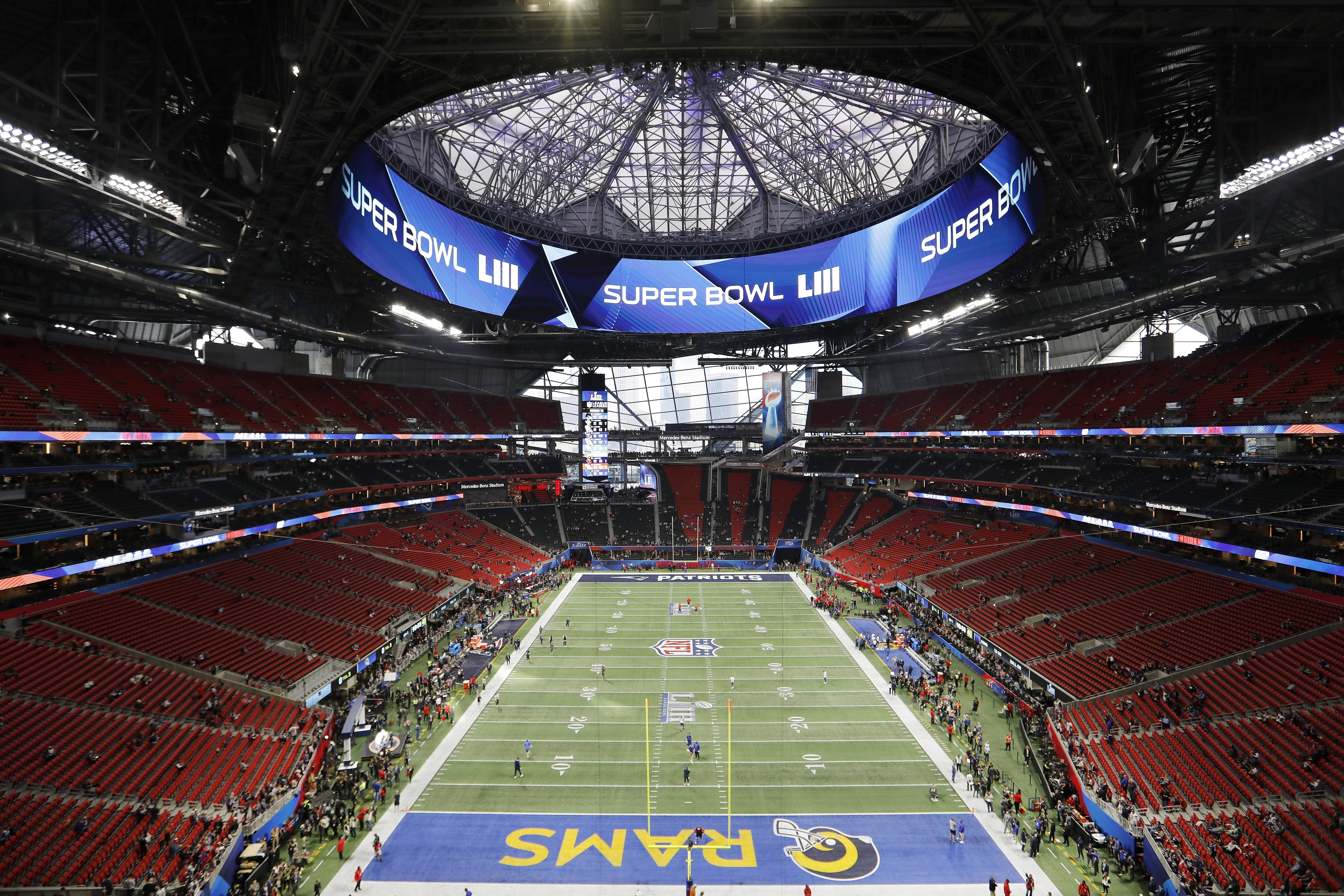 FILE - The Mercedes-Benz Stadium is prepared ahead of the NFL Super Bowl 53 football game between the Los Angeles Rams and the New England Patriots Sunday, Feb. 3, 2019, in Atlanta.