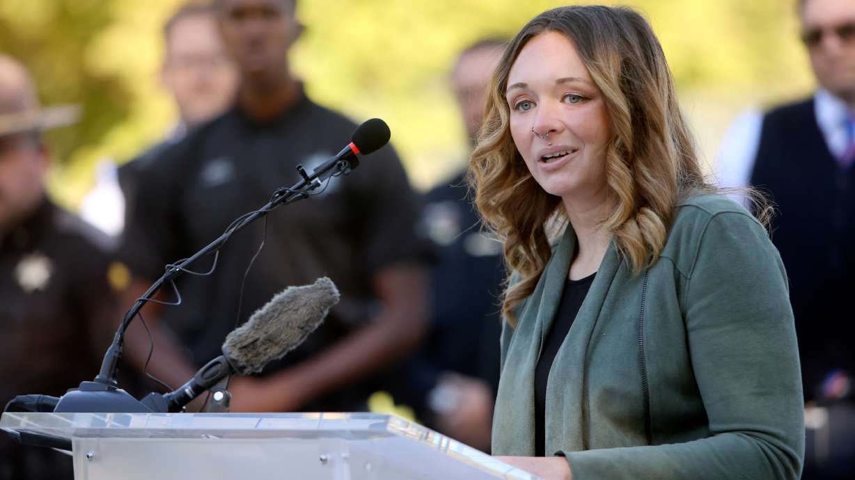 Mysti Lopez talks about her journey to overcome addiction to fentanyl and other drugs at a press conference about the fentanyl crisis in Utah at Cottonwood Park in Salt Lake City on Tuesday.