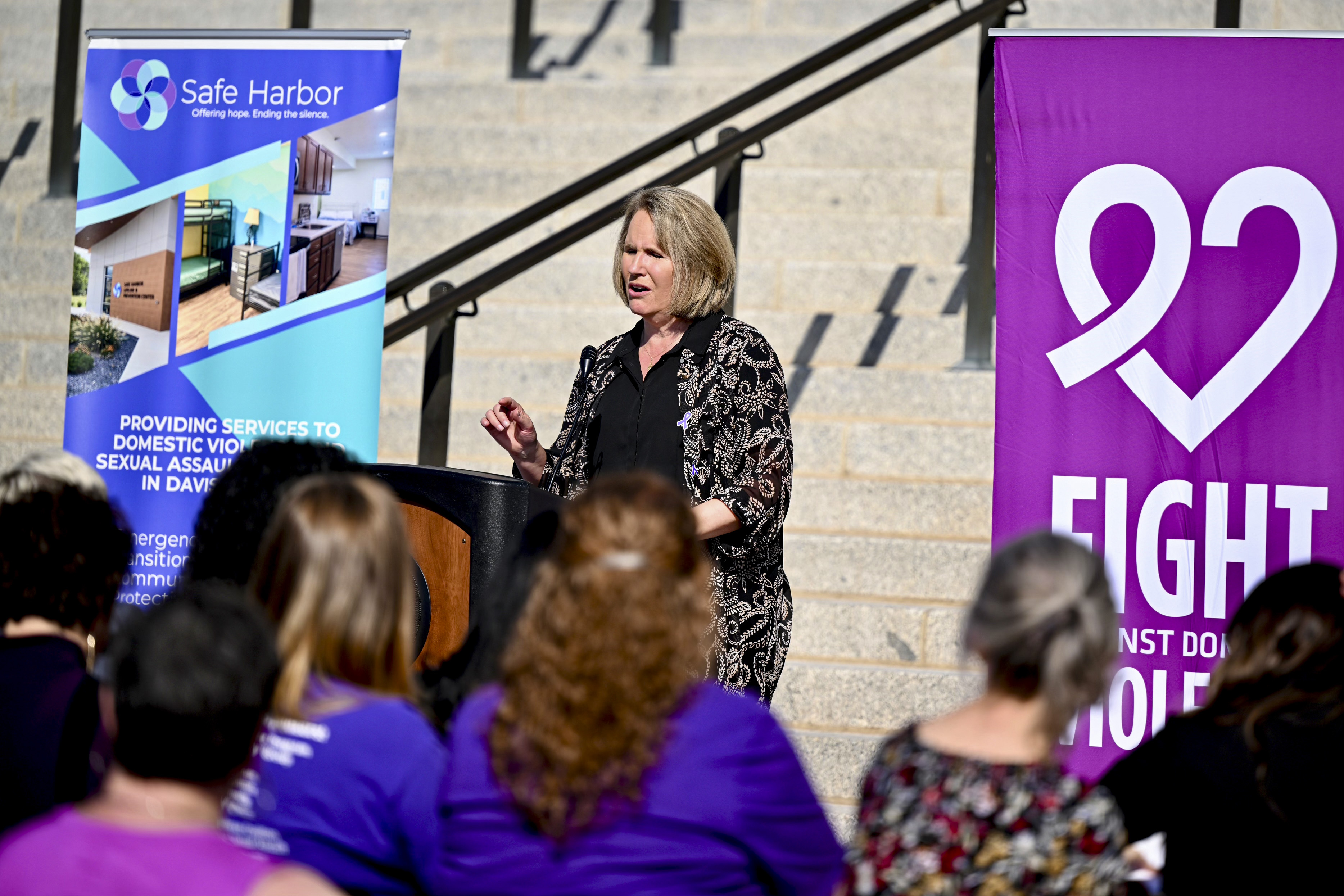 Susan Madsen, founder of Bolder Way Forward, speaks at the launch of the "Dear Utah," a campaign to spread awareness about domestic violence and allow those with a connection to share their stories, at the Capitol in Salt Lake City on Tuesday.