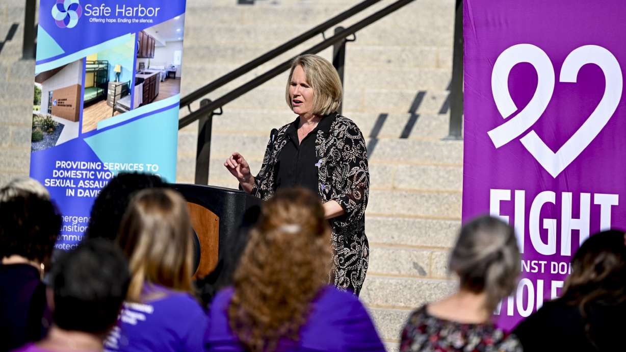 Susan Madsen, founder of Bolder Way Forward, speaks at the launch of the "Dear Utah," a campaign to spread awareness about domestic violence and allow those with a connection to share their stories, at the Capitol in Salt Lake City on Tuesday.