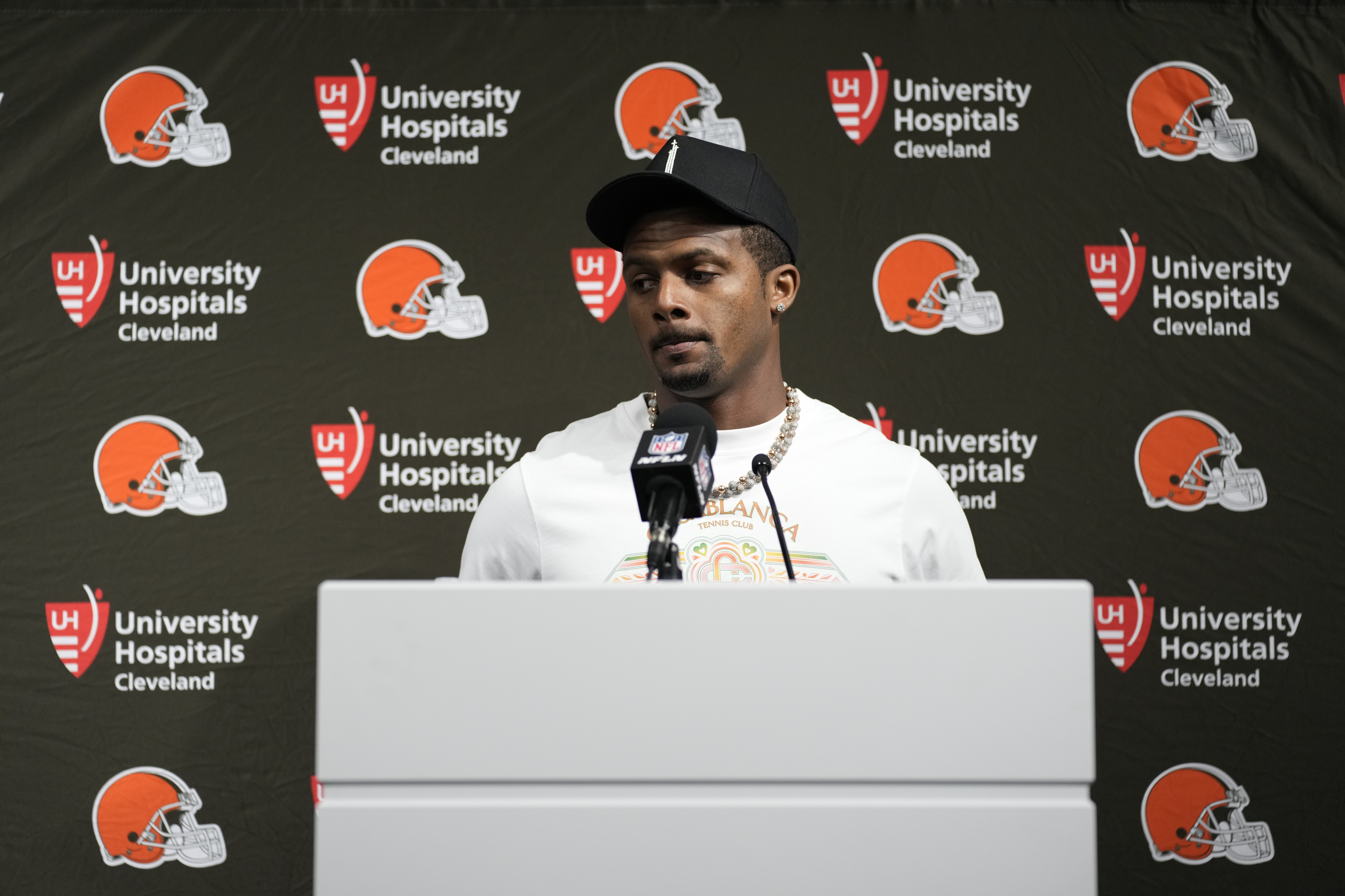 Cleveland Browns quarterback Deshaun Watson speaks after the Browns were defeated by the Las Vegas Raiders 20-16 in an NFL football game Sept. 29, 2024, in Las Vegas.