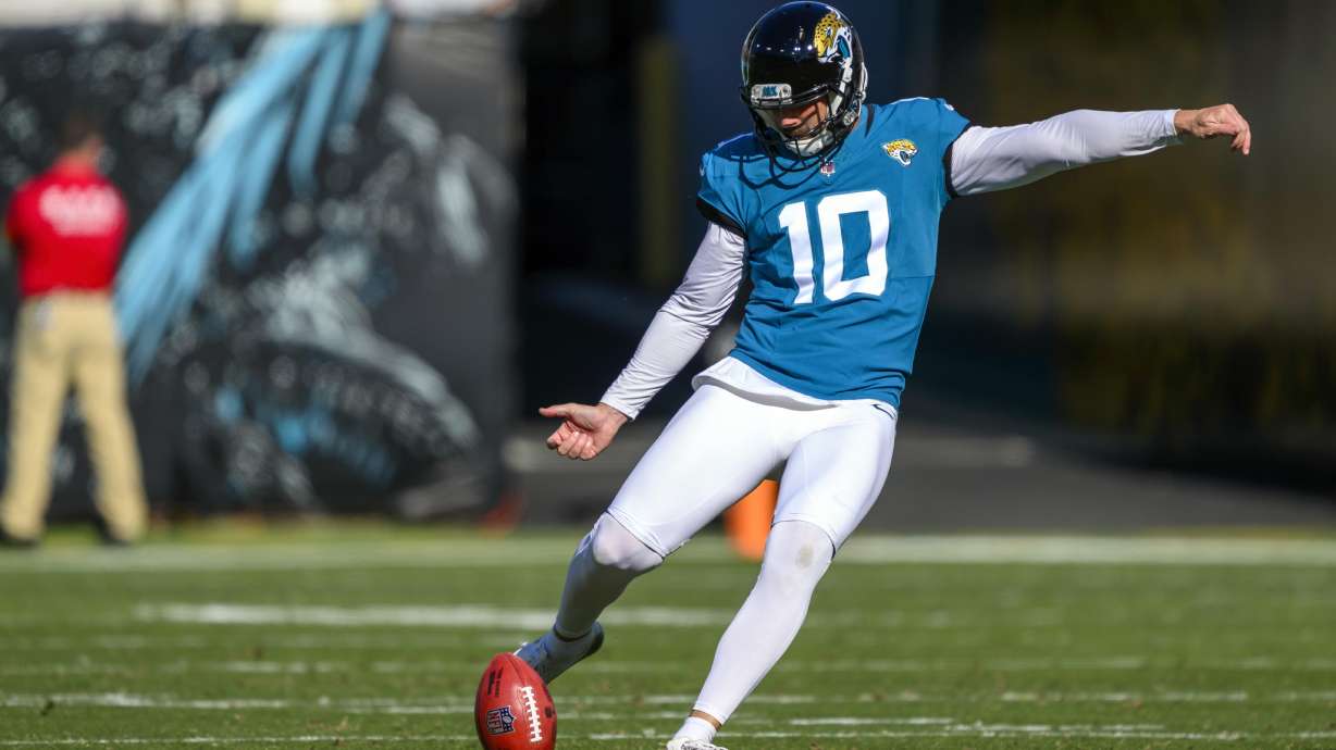 FILE - Jacksonville Jaguars kicker Brandon McManus (10) kicks off the ball during an NFL football game against the Carolina Panthers, Sunday, Dec. 31, 2023, in Jacksonville, Fla.