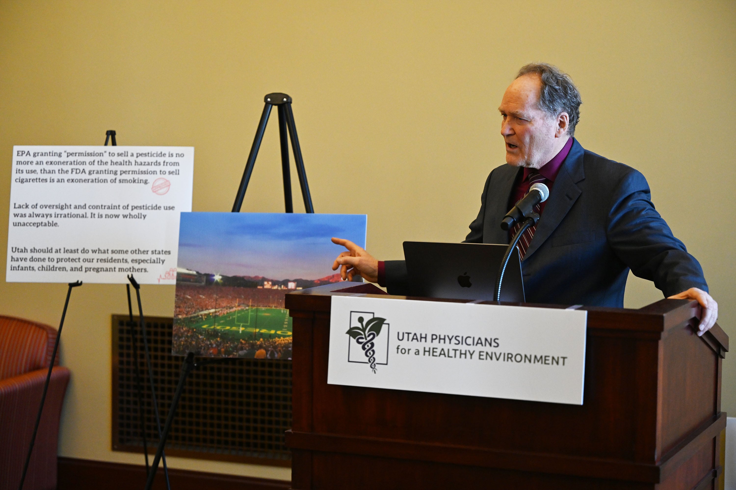 Brian Moench of Utah Physicians for a Healthy Environment speaks at a press conference at the Capitol in Salt Lake City discussing what is being called “forever chemicals” on Tuesday.