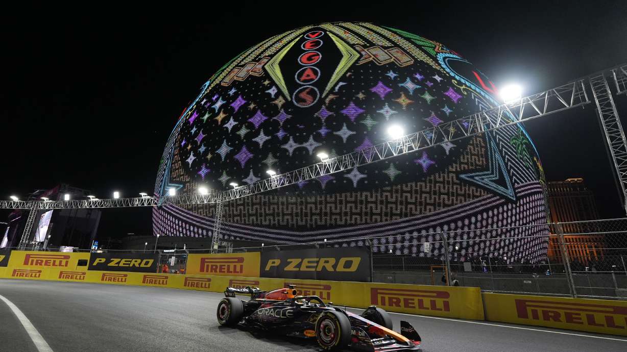 FILE - Red Bull driver Max Verstappen, of the Netherlands, drives past the Sphere during the Formula One Las Vegas Grand Prix auto race, on Nov. 18, 2023, in Las Vegas.