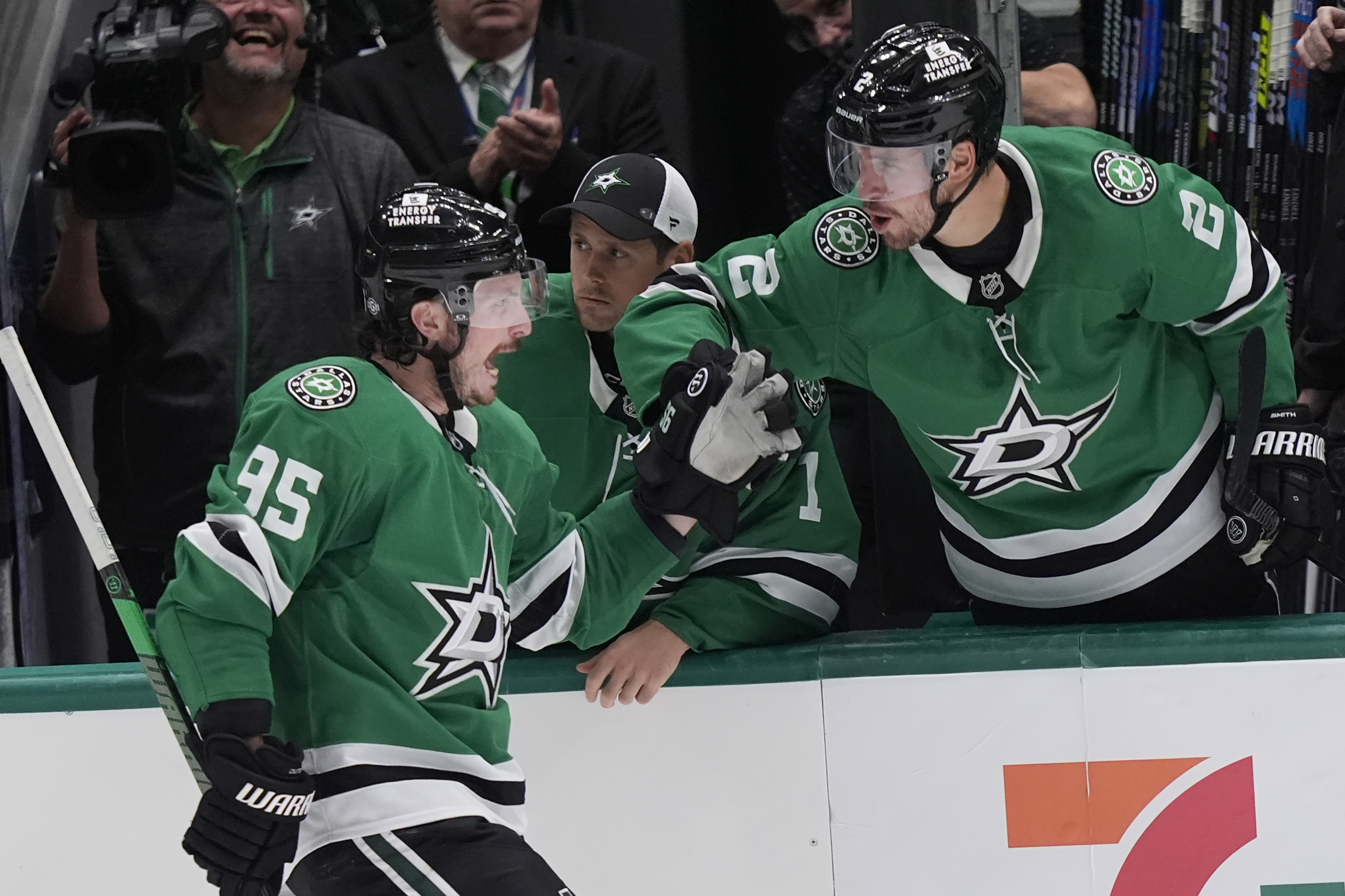 Dallas Stars center Matt Duchene (95) celebrates his shootout goal with teammate Brendan Smith (2) after regulation play during an NHL hockey game against the San Jose Sharks Tuesday, Oct. 15, 2024, in Dallas.