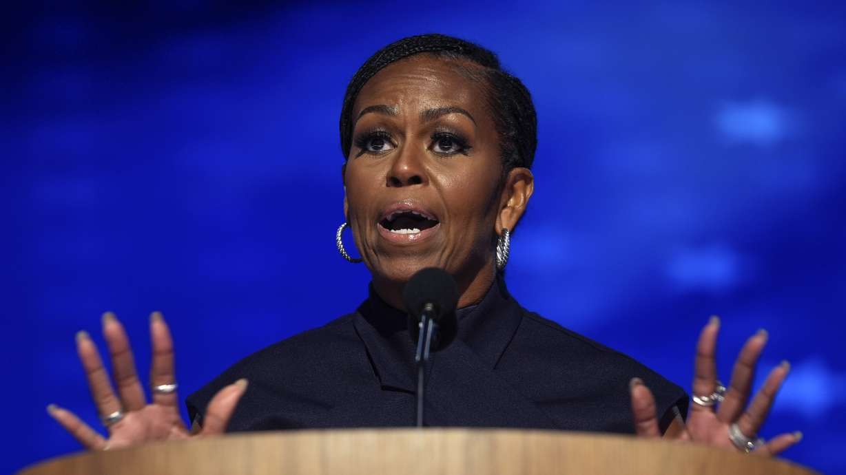 FILE - Former first lady Michelle Obama speaks during the Democratic National Convention Aug. 20, 2024, in Chicago.