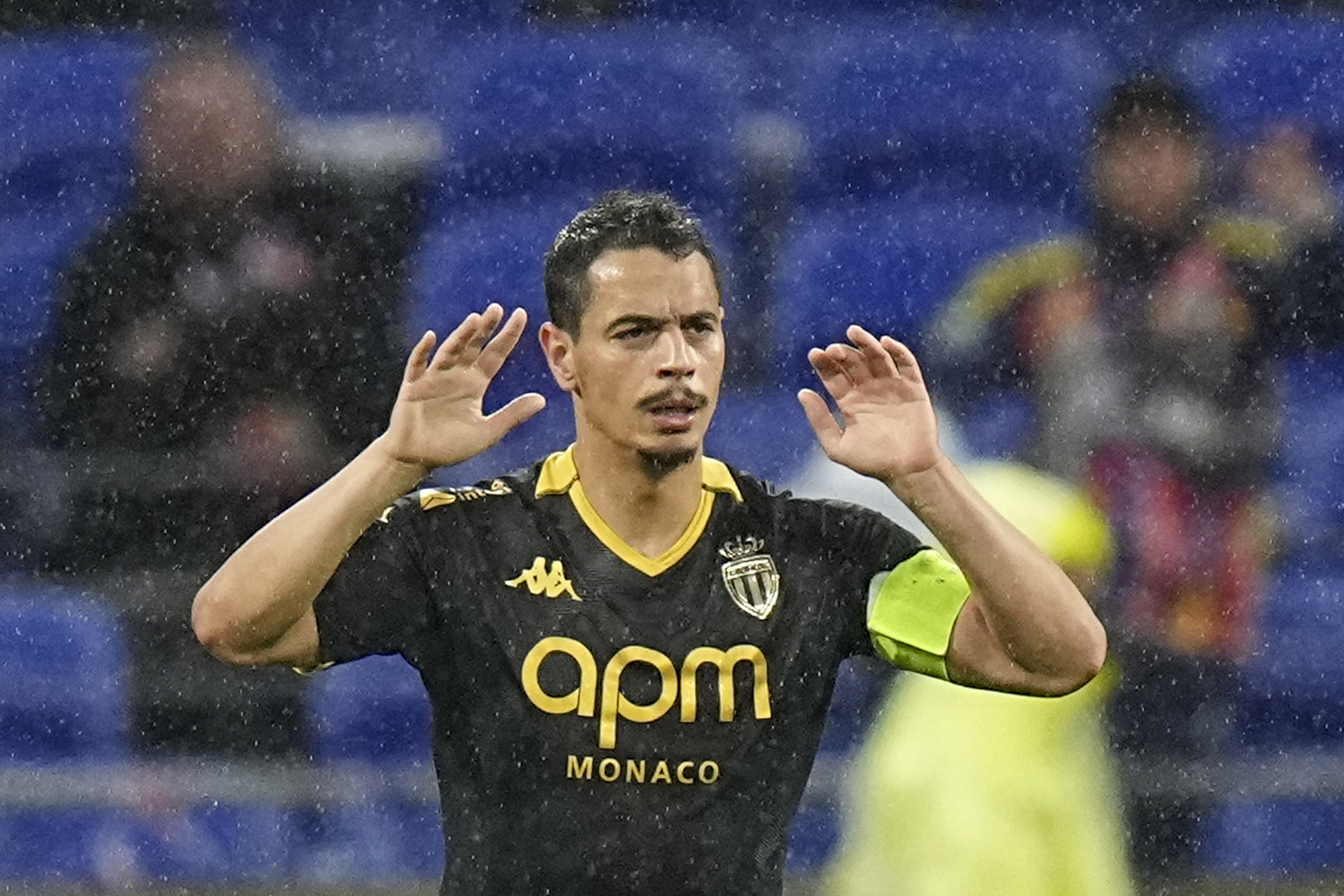 FILE - Monaco's Wissam Ben Yedder celebrates scoring his second goal during a French League One soccer match between Lyon and Monaco at the Groupama stadium in Decines, outside Lyon, France, April 28, 2024.