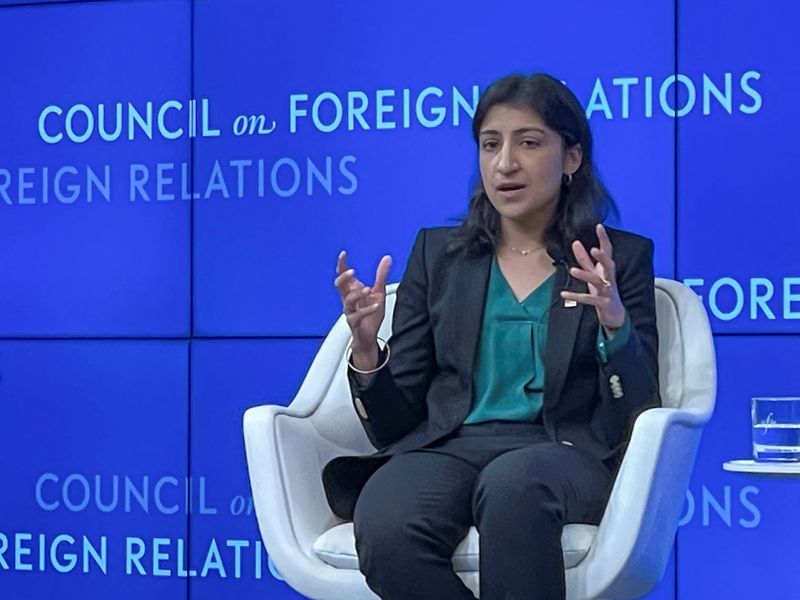 U.S. Federal Trade Commission Chair Lina Khan speaks at the Council on Foreign Relations in New York, Sept. 20. The FTC adopted a final rule on Wednesday requiring businesses to make it as easy to cancel subscriptions and memberships as it is to sign up.