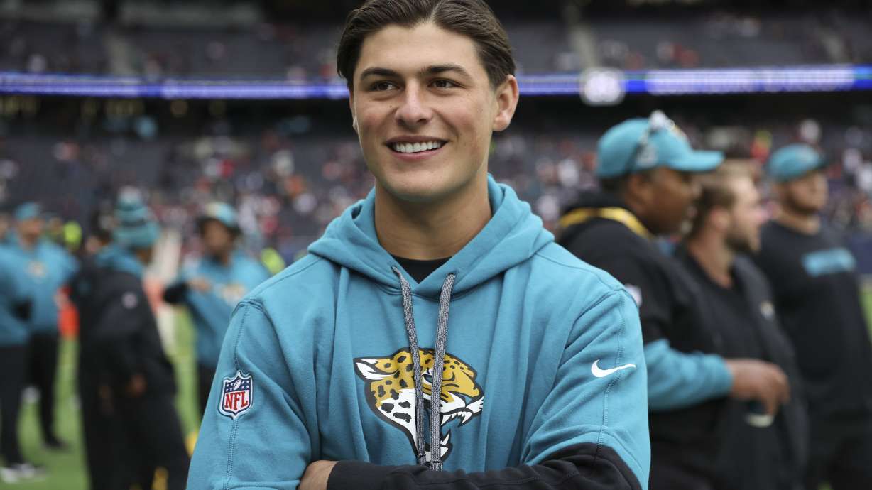 Jacksonville Jaguars wide receiver Louis Rees-Zammit (84), who is part of the practice squad, poses for a photo before an NFL football game at the Tottenham Hotspur stadium between the Jacksonville Jaguars and Chicago Bears in London, Sunday, Oct. 13, 2024.