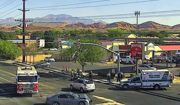 A traffic camera shows the two-vehicle crash and emergency personnel at the intersection of West Sunset Boulevard and Dixie Drive in St. George, Oct. 3.