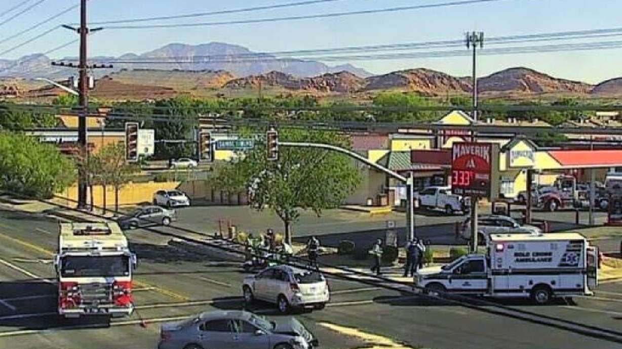 A traffic camera shows the two-vehicle crash and emergency personnel at the intersection of West Sunset Boulevard and Dixie Drive in St. George, Oct. 3.
