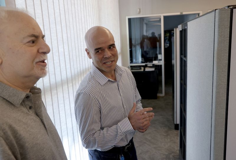 Clark County Public Administrator Robert Telles, right, talks to Las Vegas Review-Journal reporter Jeff German in his Las Vegas office, May 11, 2022.